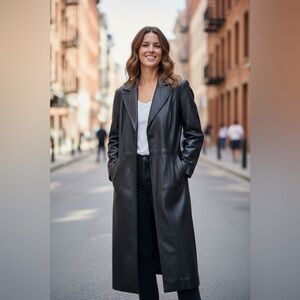 Women's Full Length Black Leather Coat